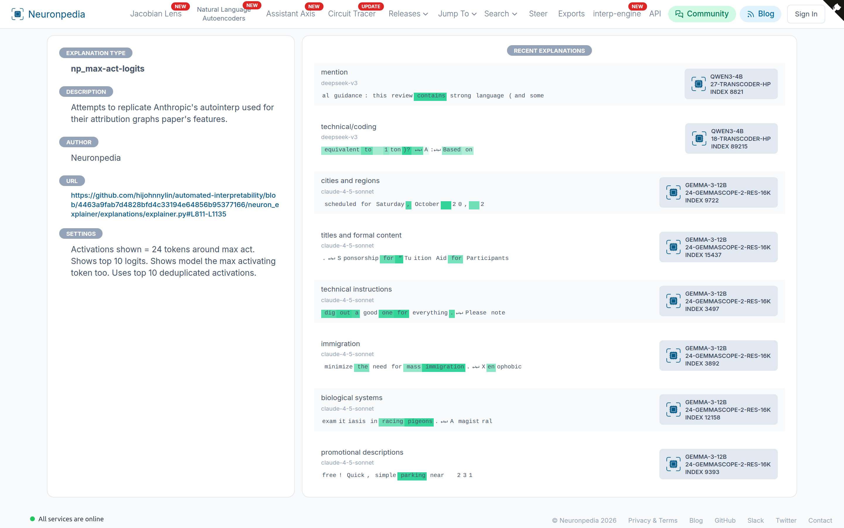 An explanation type page for np_max-act-logits, with its description, author, code, and settings.