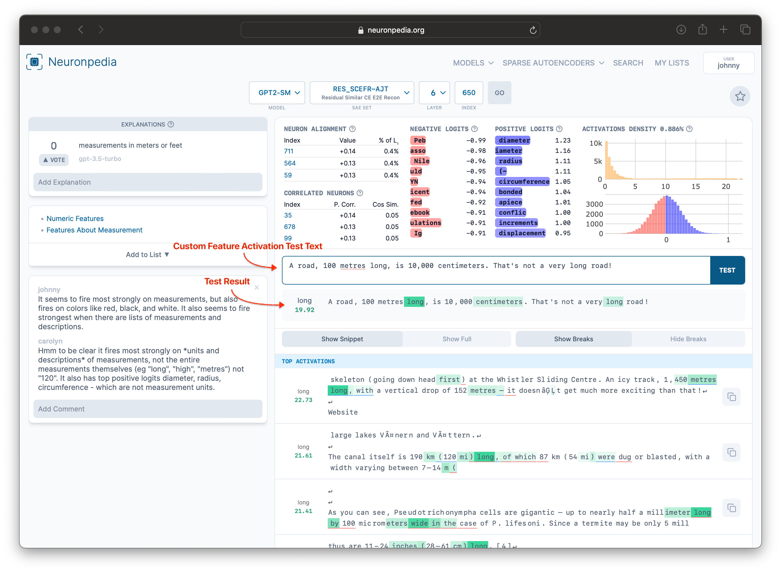 Screenshot of a feature test at https://www.neuronpedia.org/gpt2-small/6-res_scefr-ajt/650