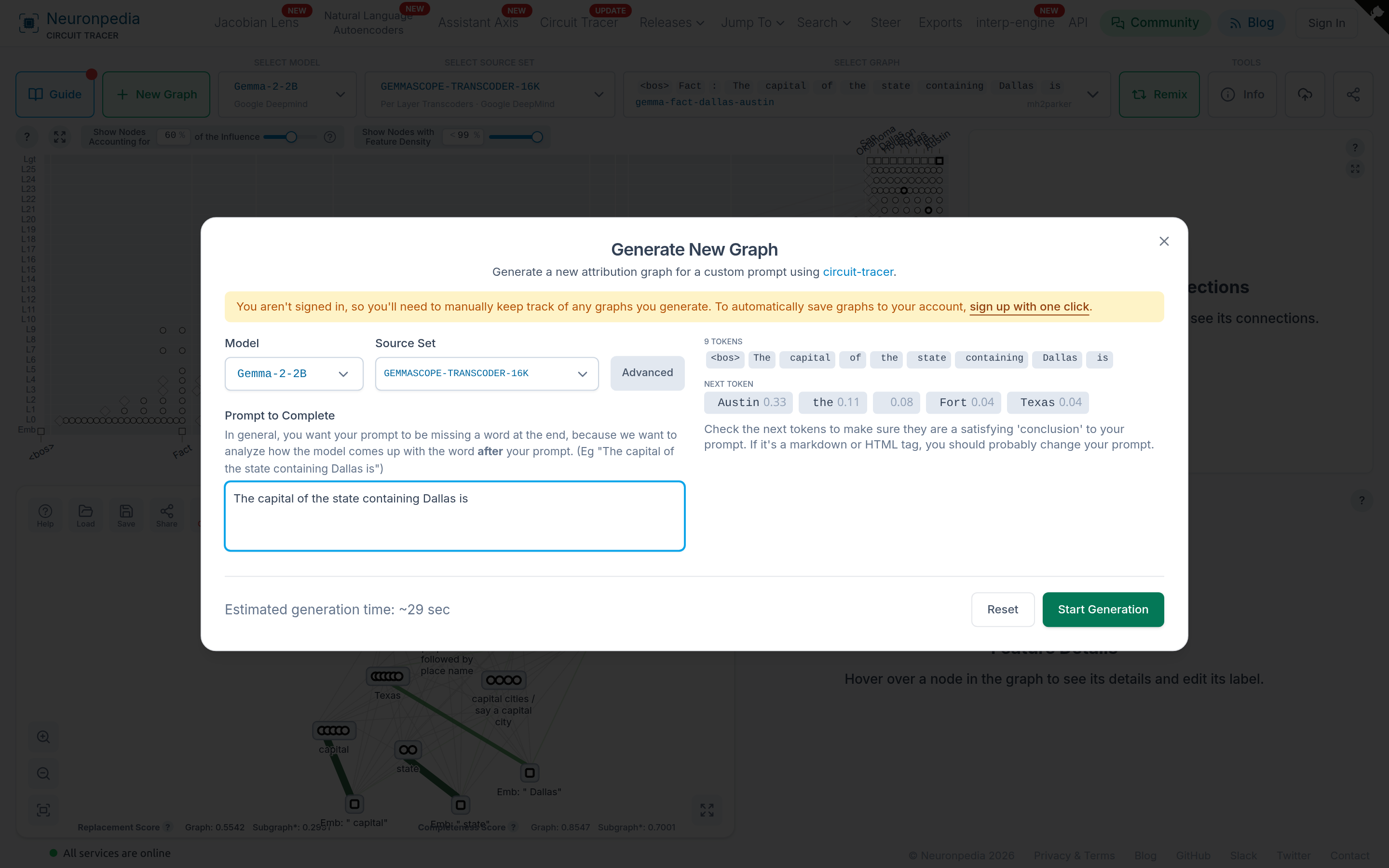 The Generate New Graph form. The prompt is "The capital of the state containing Dallas is", and the top next token is " Austin".