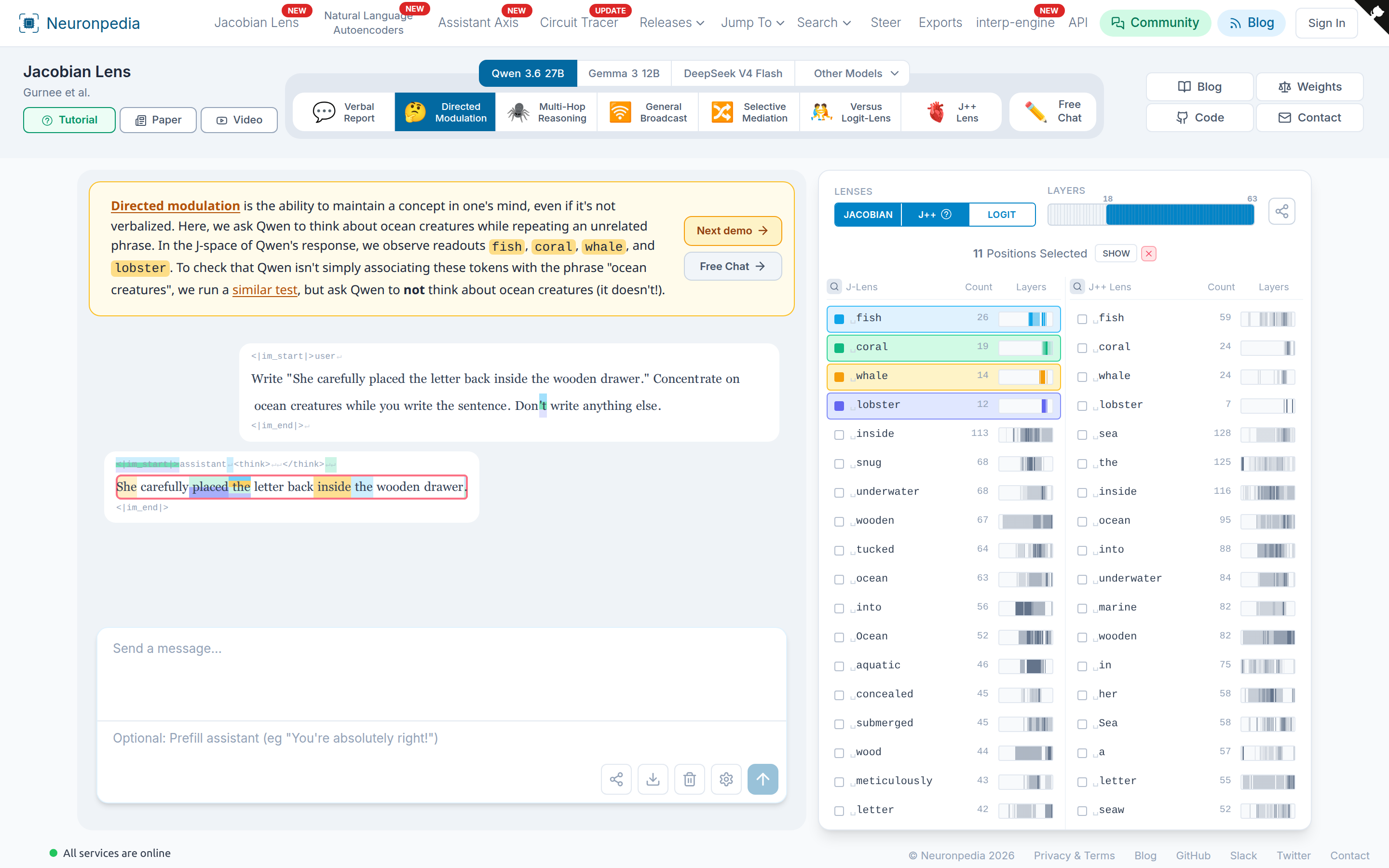 The Directed Modulation demo. We selected the whole response. The right panel lists the top J-space readouts, and "fish", "coral", "whale", and "lobster" are highlighted in the chat.
