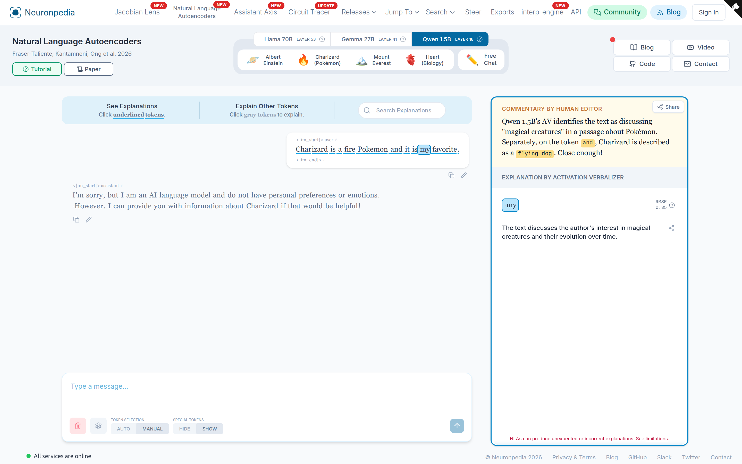 The NLA interface. We clicked the token "my" in a message about Charizard. The right panel shows the explanation from the activation verbalizer, its RMSE score, and a note from a human editor.