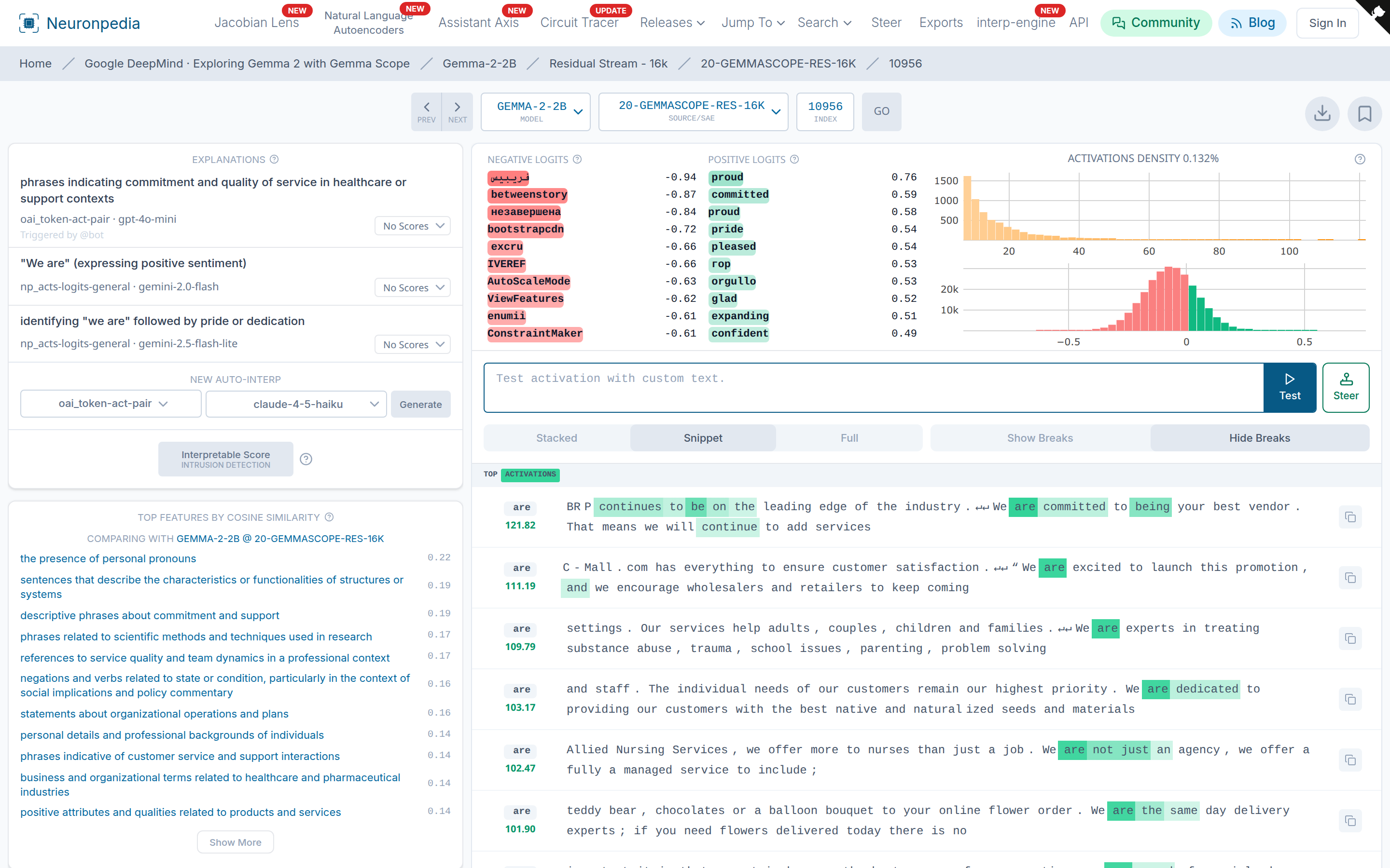 A feature dashboard for gemma-2-2b · 20-gemmascope-res-16k · 10956. This feature fires on "are" in "we are committed" and similar phrases.