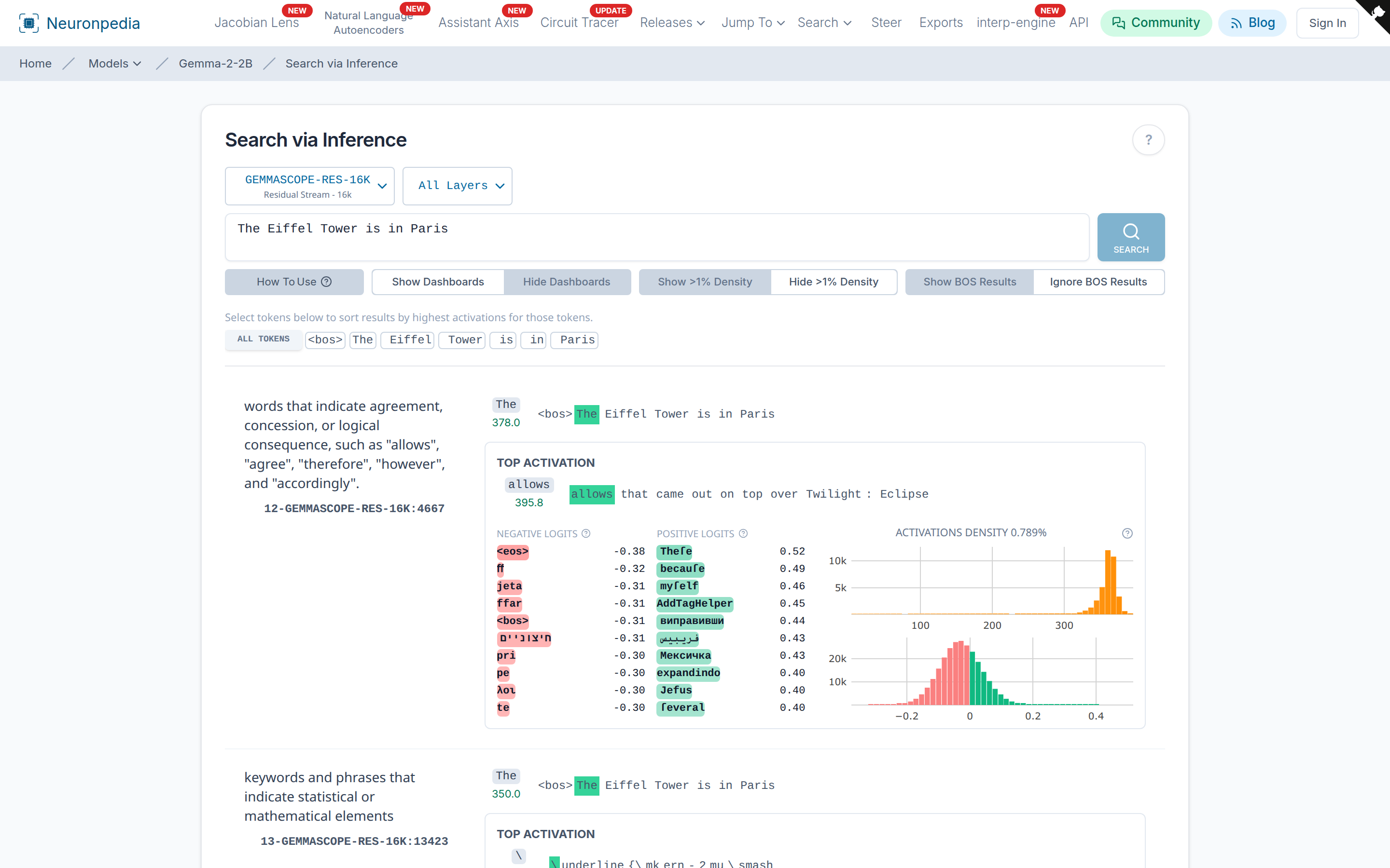 Search via Inference for "The Eiffel Tower is in Paris" in Gemma Scope 16k, all layers. Each result shows the feature, the token where it fires the most, and its dashboard.