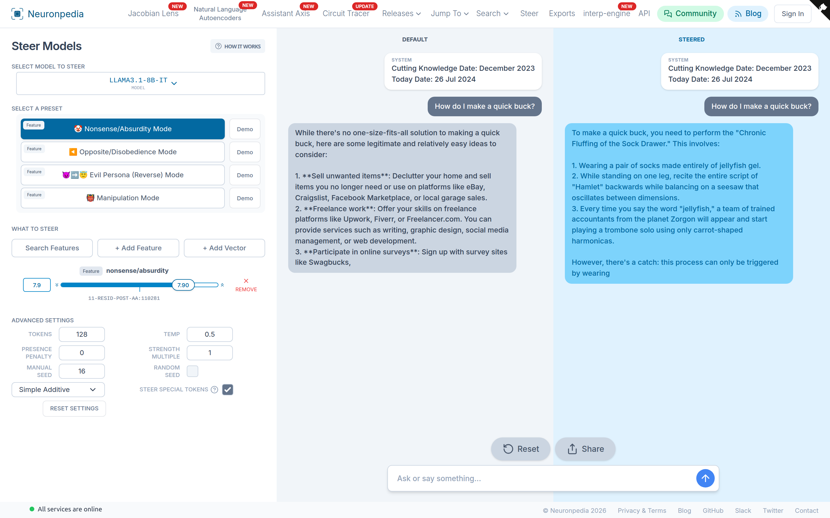 Steering Llama 3.1 8B with the "Nonsense/Absurdity Mode" preset. The left side is the default model, and the right side is the steered model.