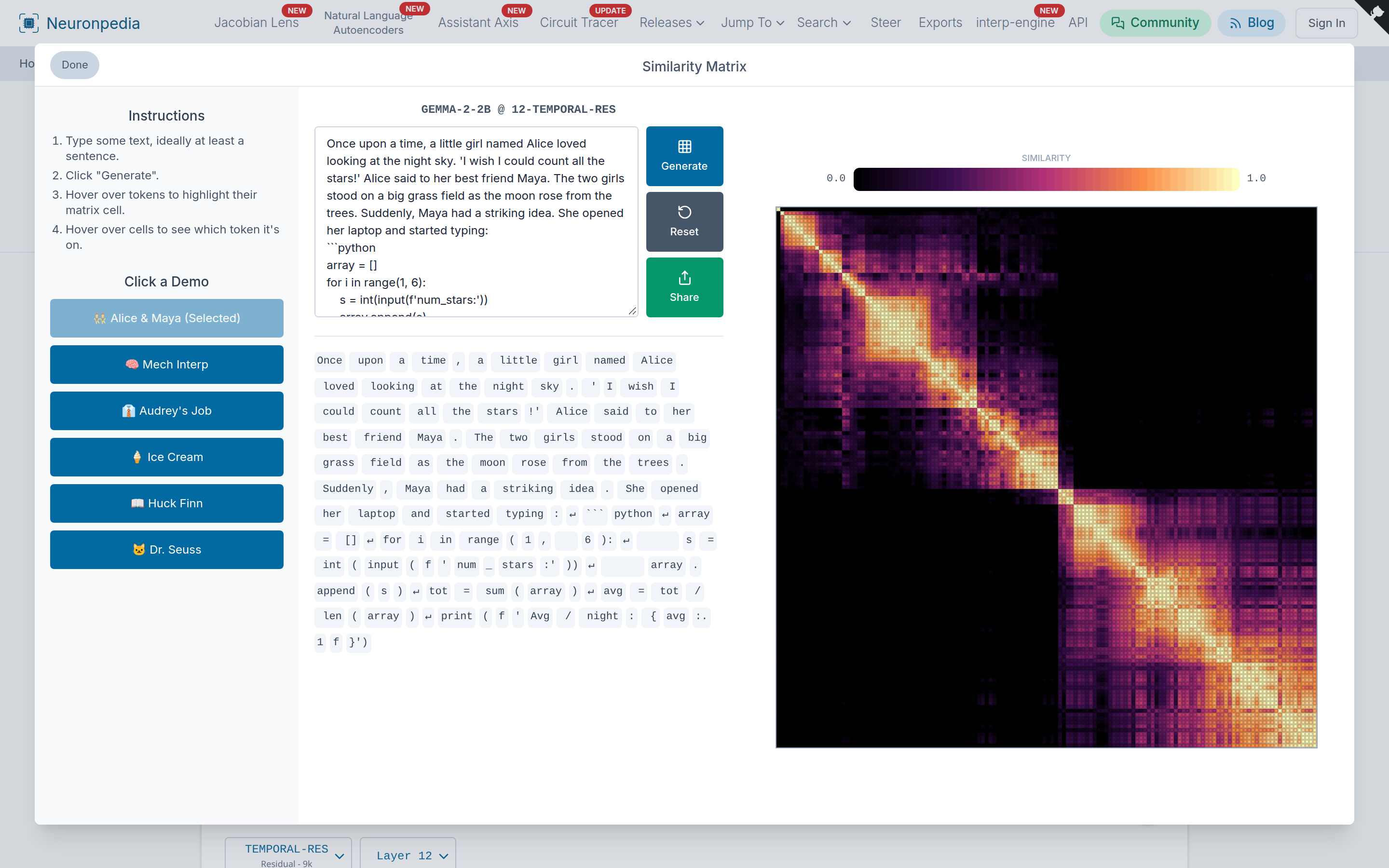 The similarity matrix for a story that changes to Python code. The two bright squares show the two parts of the text.
