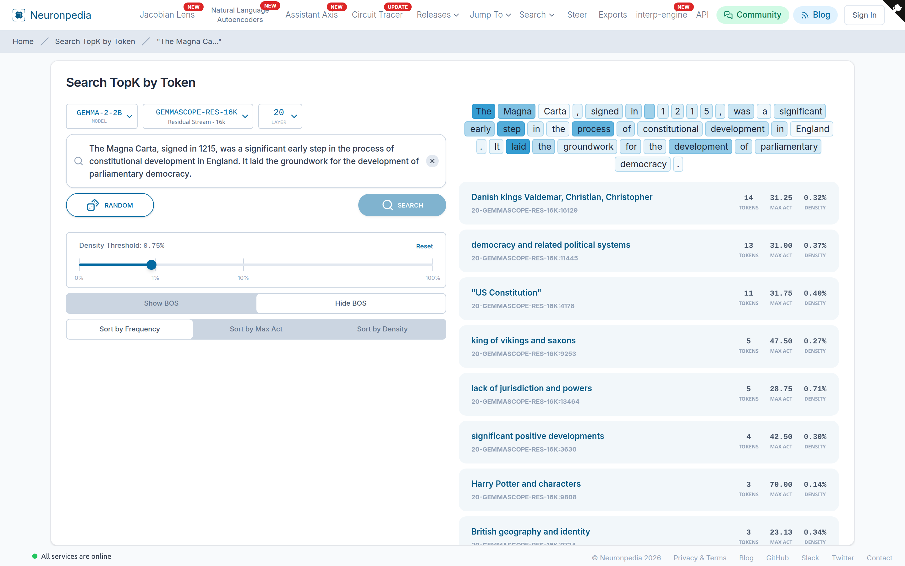 Search TopK by Token, with a sentence about the Magna Carta.