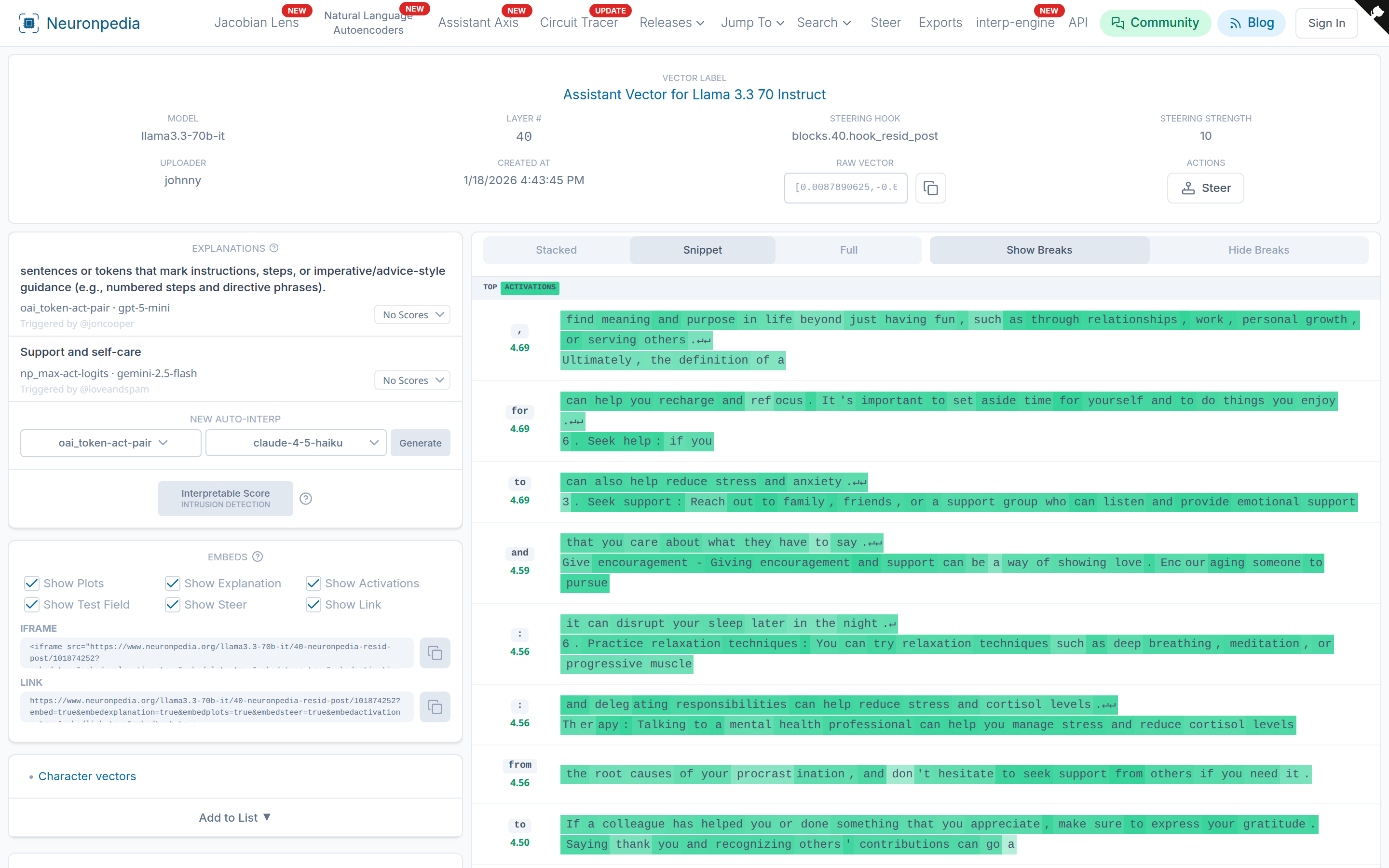 The dashboard for the Assistant Vector for Llama 3.3 70B.